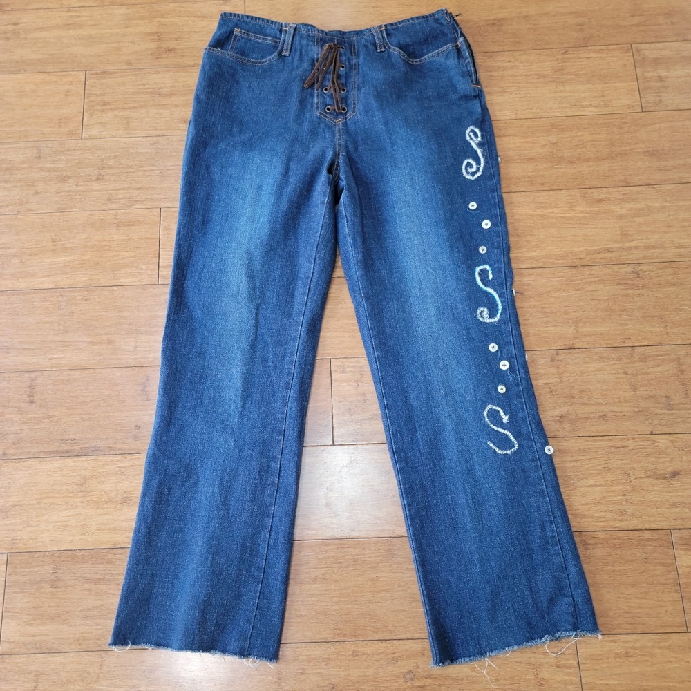 Vintage Y2K Lace Up Jeans Women's Size 31 Flared Leg‎ Embroidered 90s 2000s